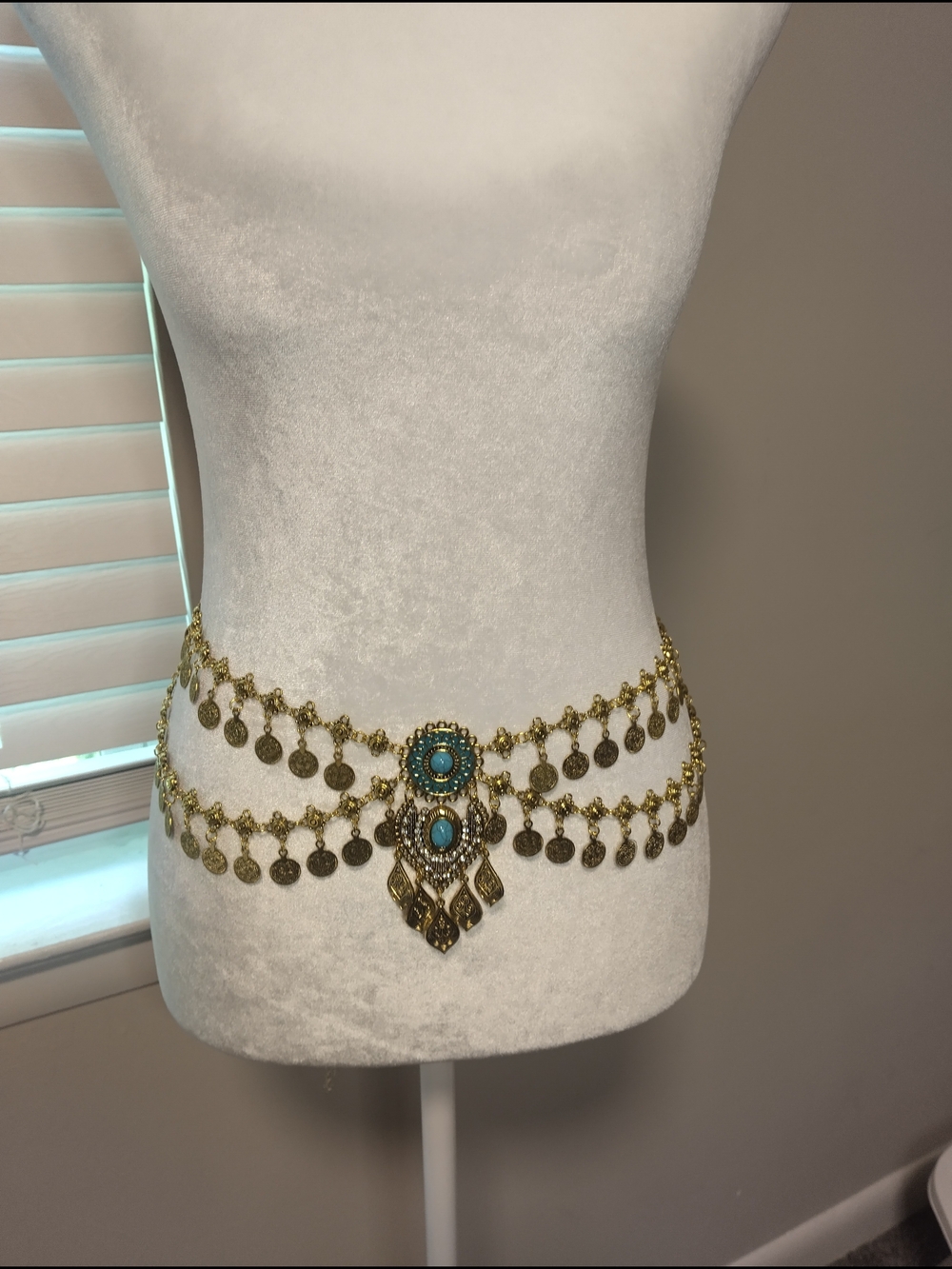 Gold-Tone Coin Chain Hip Belt with Turquoise Accent